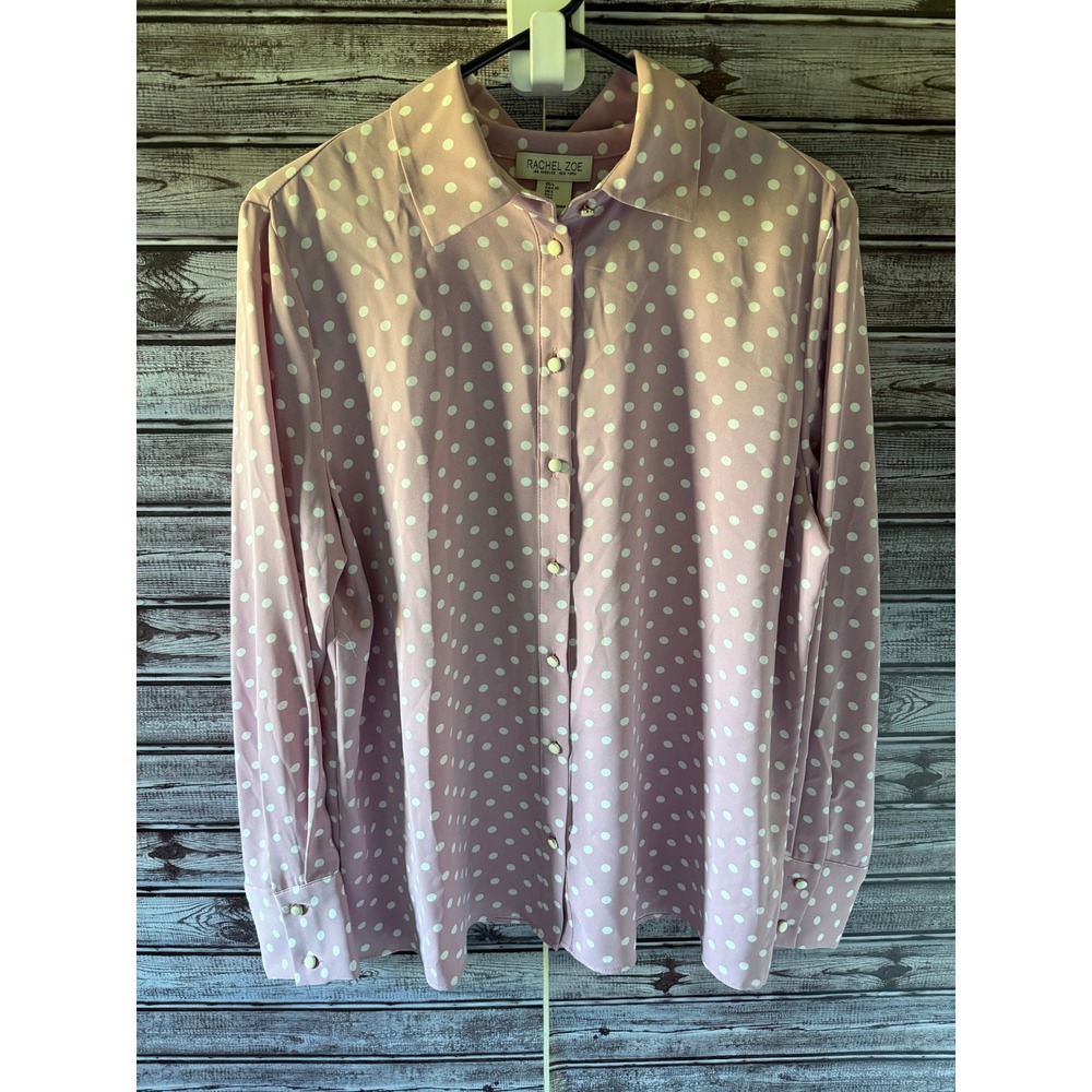 Rachel Zoe Women's Long-Sleeved Button-Down Blouse Size L Pink White Polka-Dot